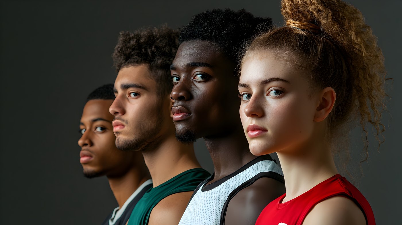 Four young athletes standing shoulder to shoulder, looking ahead.